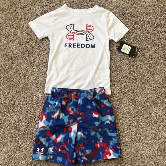 Under Armour shorts Shirt Set Freedom New Boys Kids Youth Toddler Size 4T - Picture 1 of 7